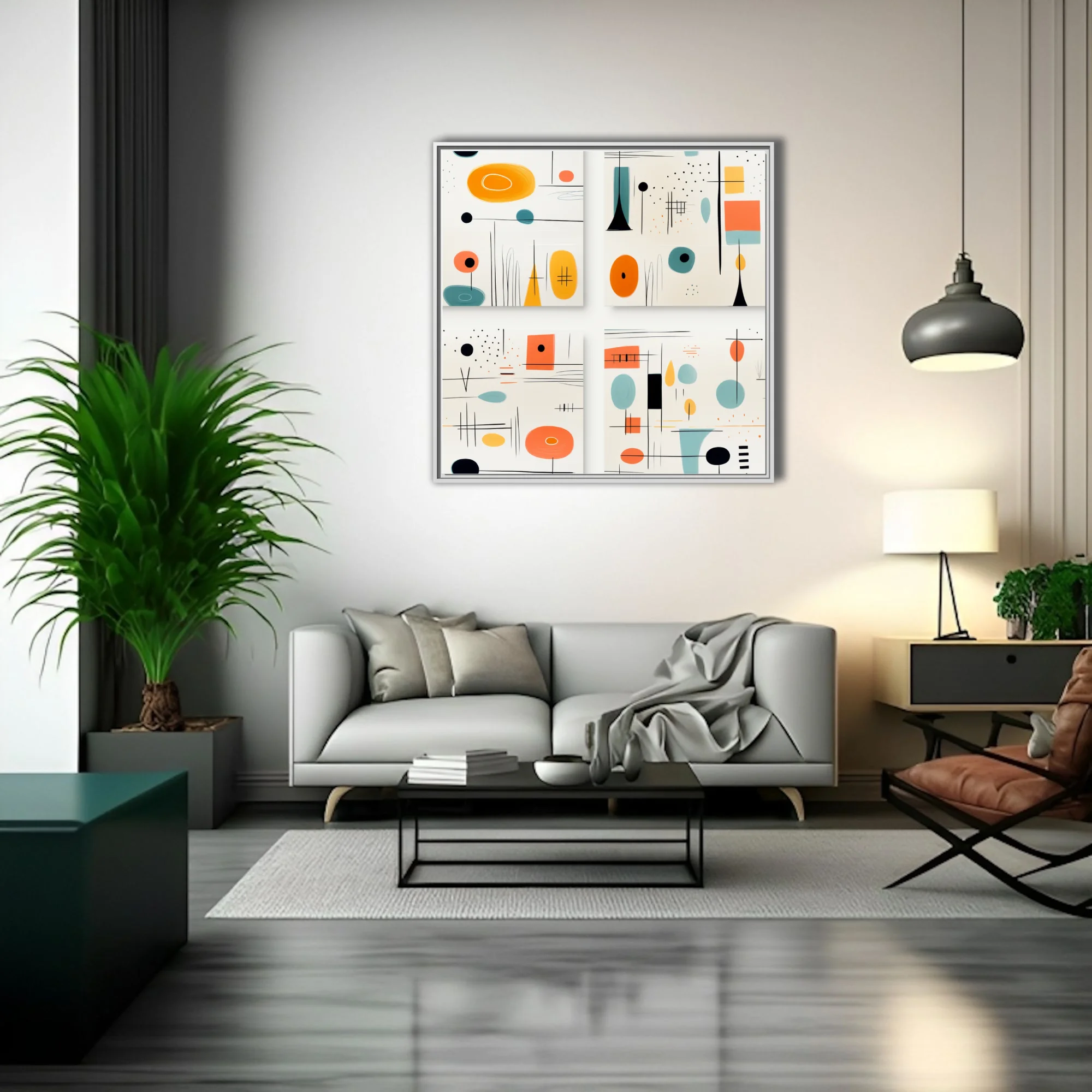Mid-century modern abstract art with coral, teal, and amber shapes on cream