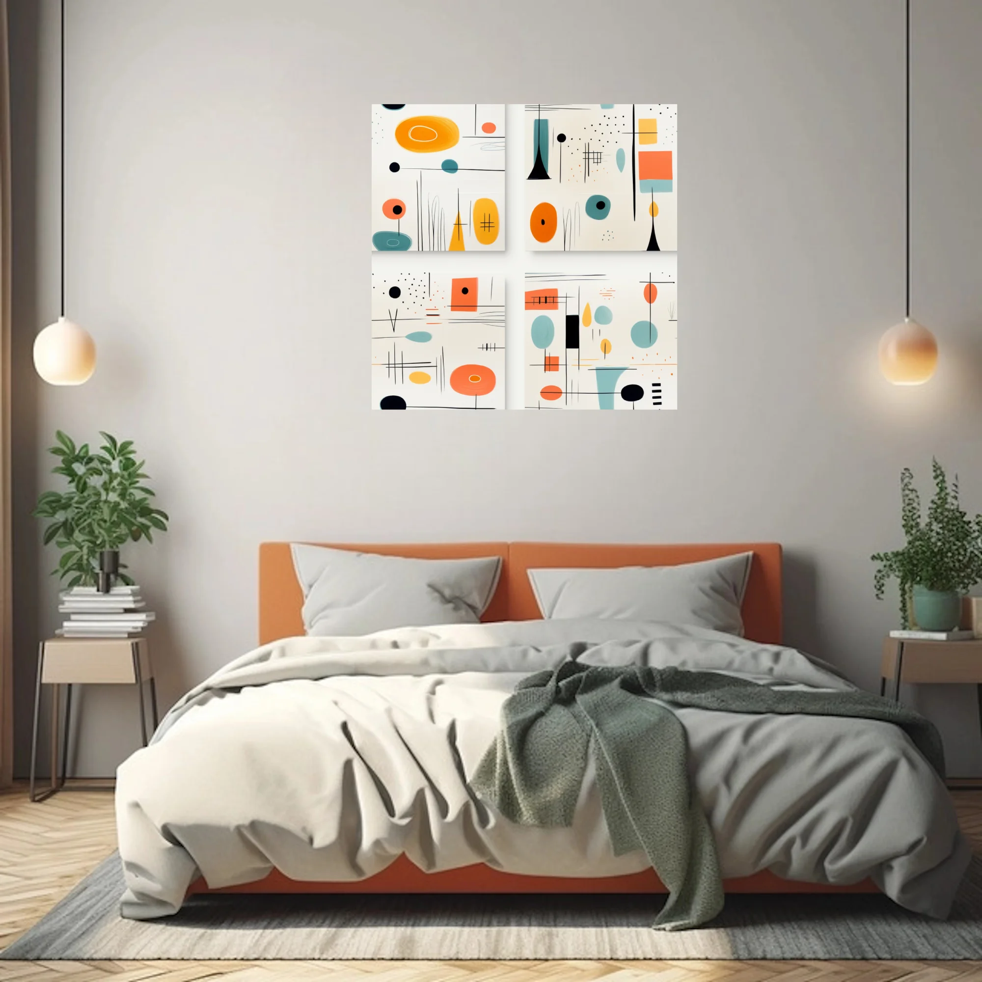 Mid-century modern abstract art with coral, teal, and amber shapes on cream