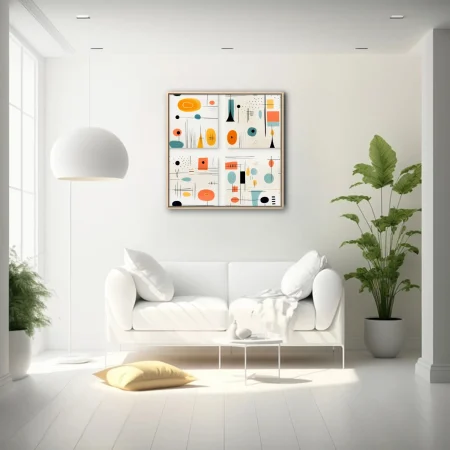 Mid-century modern abstract art with coral, teal, and amber shapes on cream
