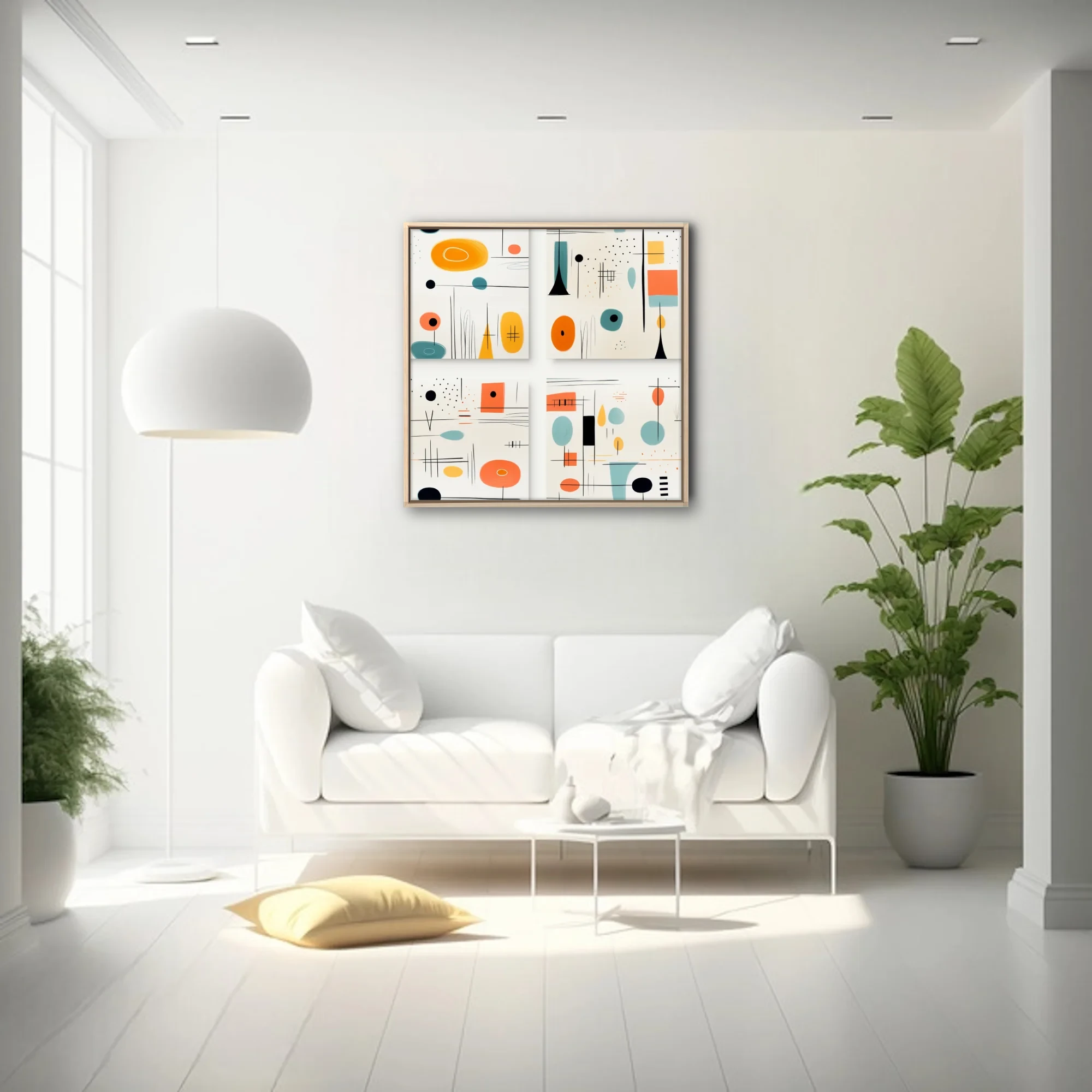 Mid-century modern abstract art with coral, teal, and amber shapes on cream