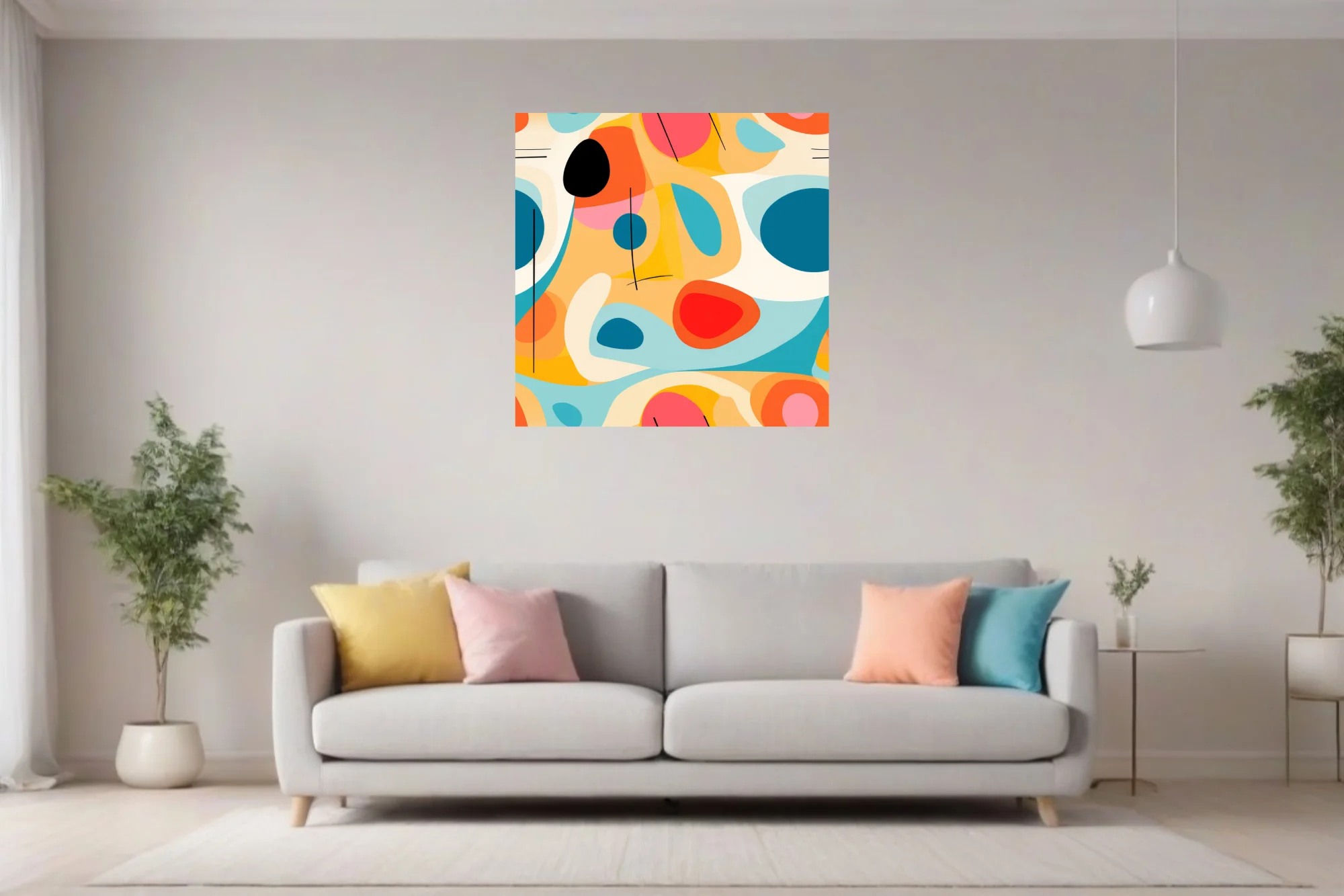 Mid-century modern abstract art bold teal coral orange organic shapes