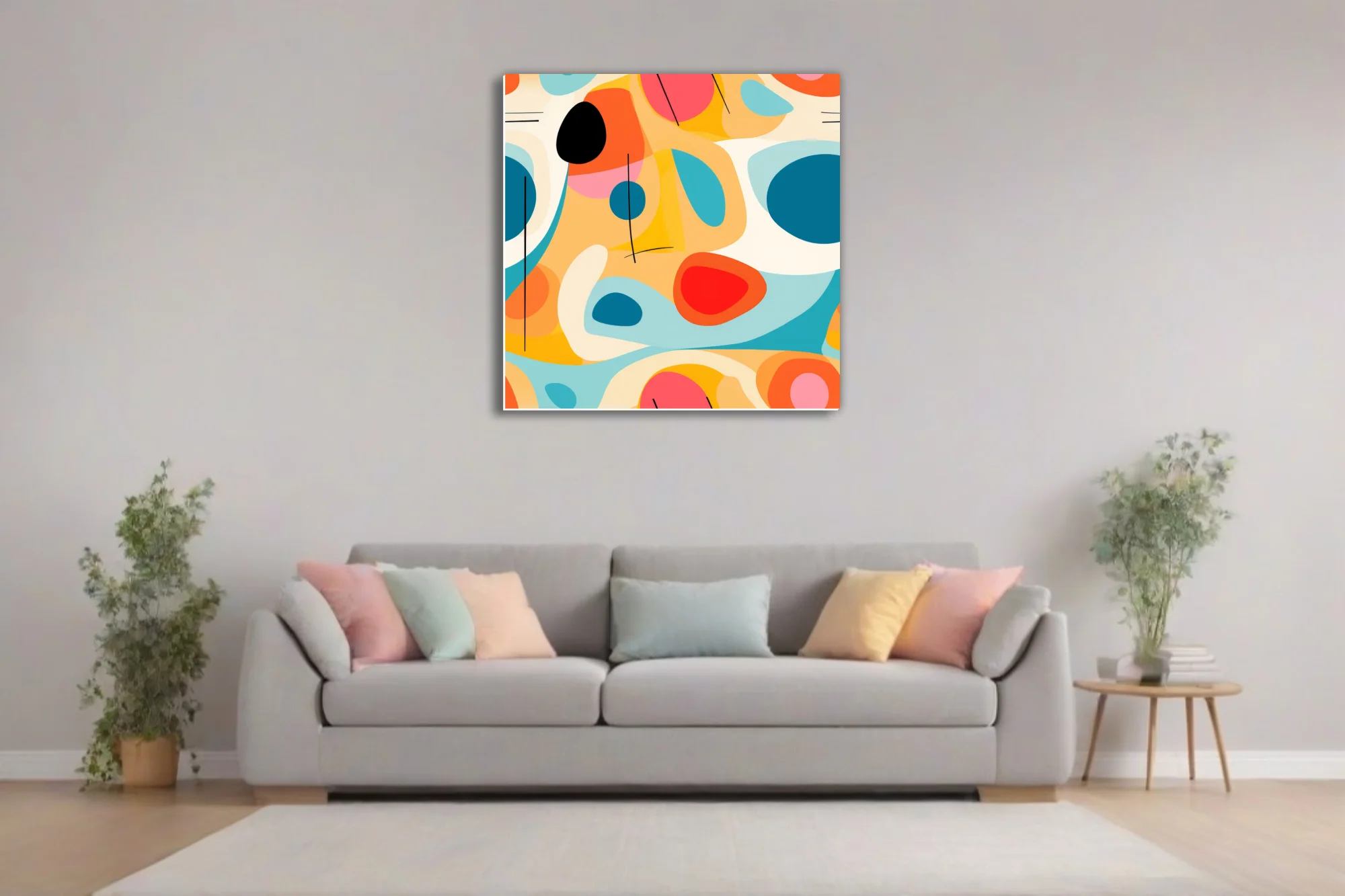 Mid-century modern abstract art bold teal coral orange organic shapes