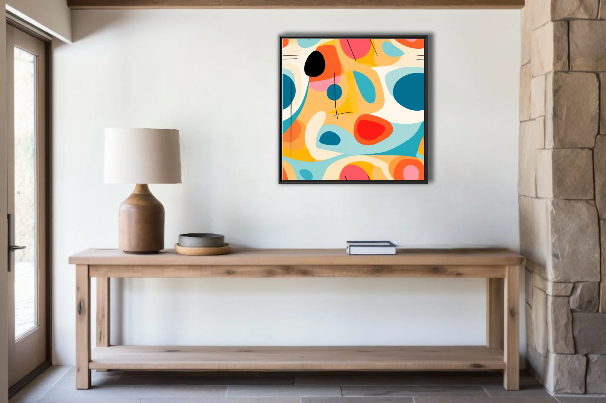 Mid-century modern abstract art bold teal coral orange organic shapes