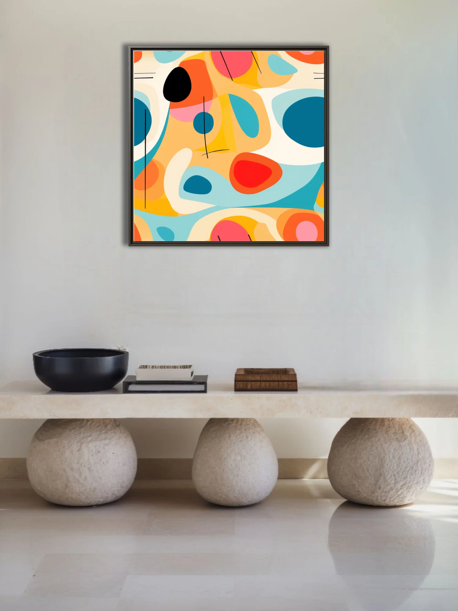 Mid-century modern abstract art bold teal coral orange organic shapes