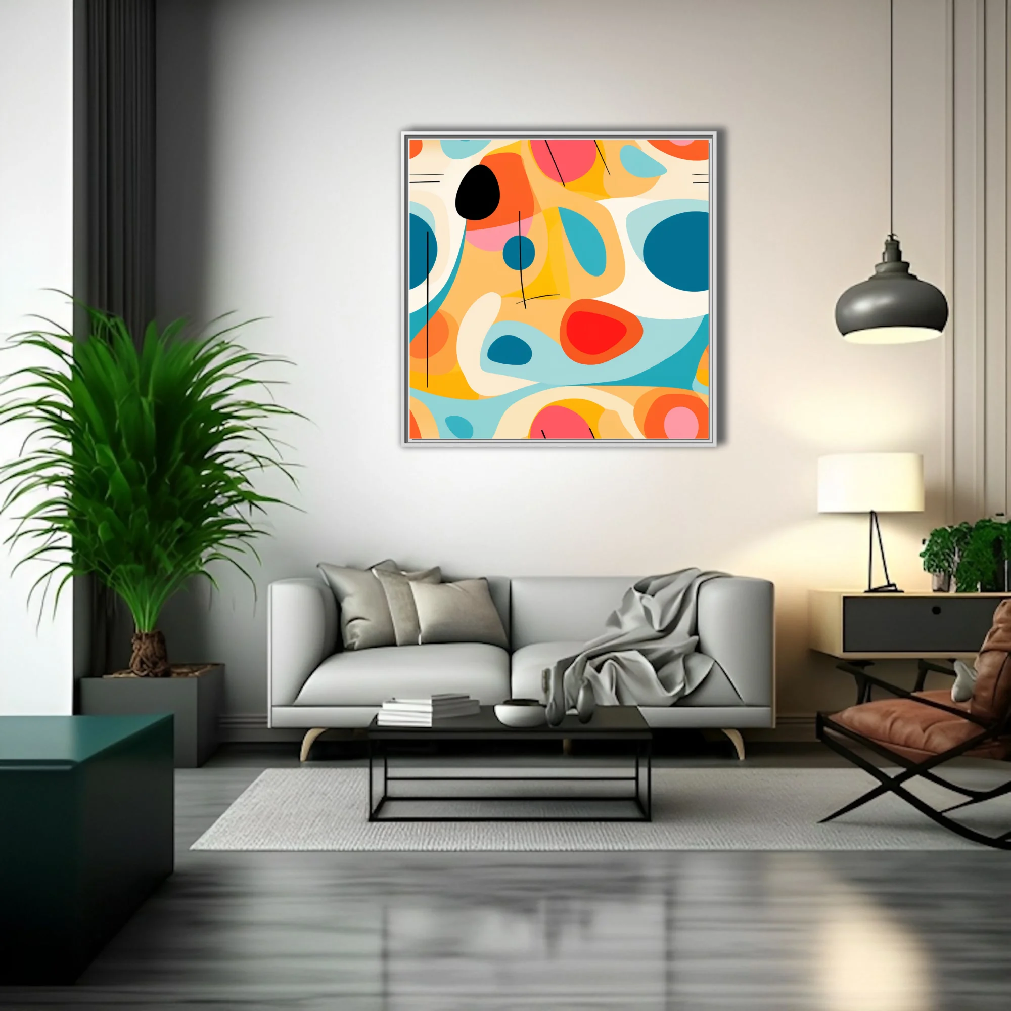 Mid-century modern abstract art bold teal coral orange organic shapes