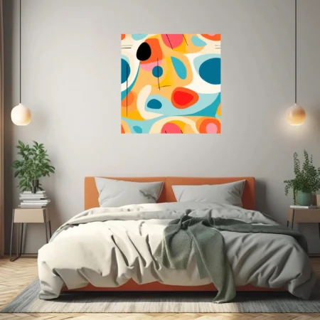 Mid-century modern abstract art bold teal coral orange organic shapes