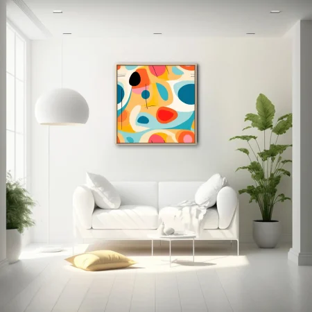 Mid-century modern abstract art bold teal coral orange organic shapes