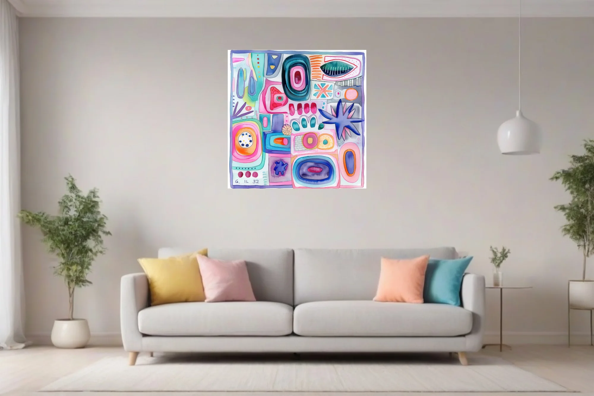 Colorful abstract biomorphic composition in pastel pink, teal, and cobalt watercolor-style