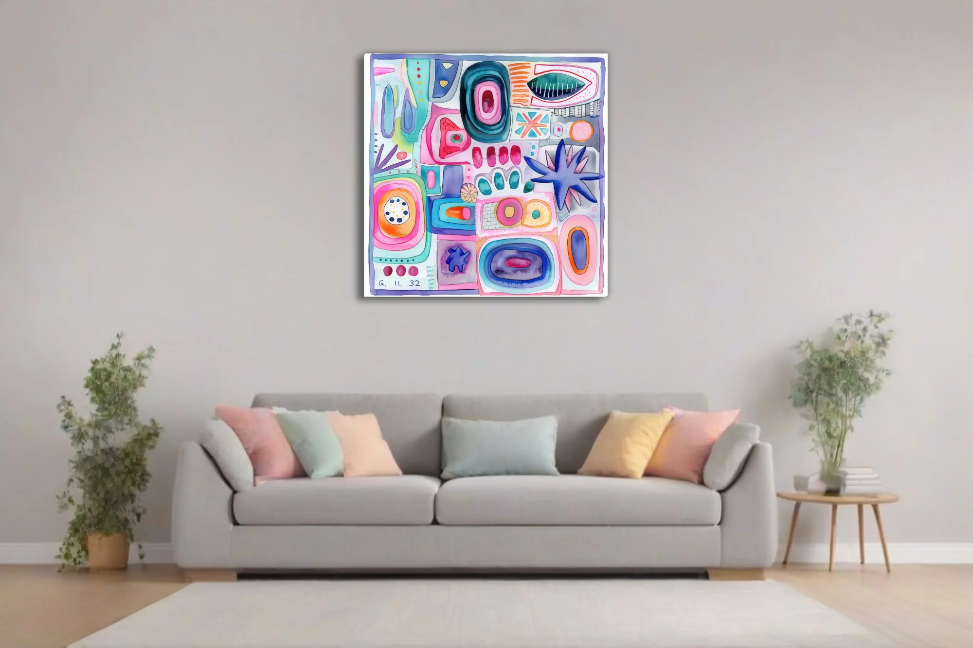 Colorful abstract biomorphic composition in pastel pink, teal, and cobalt watercolor-style