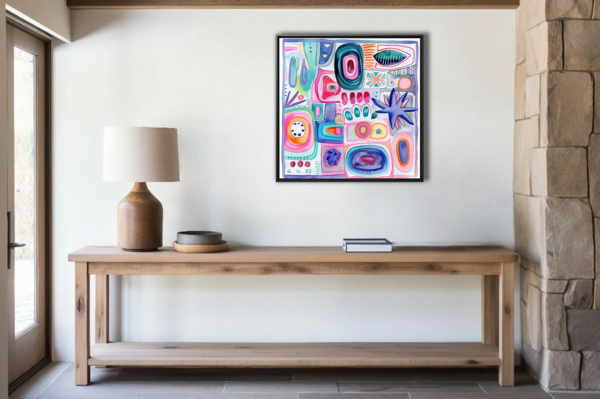 Colorful abstract biomorphic composition in pastel pink, teal, and cobalt watercolor-style
