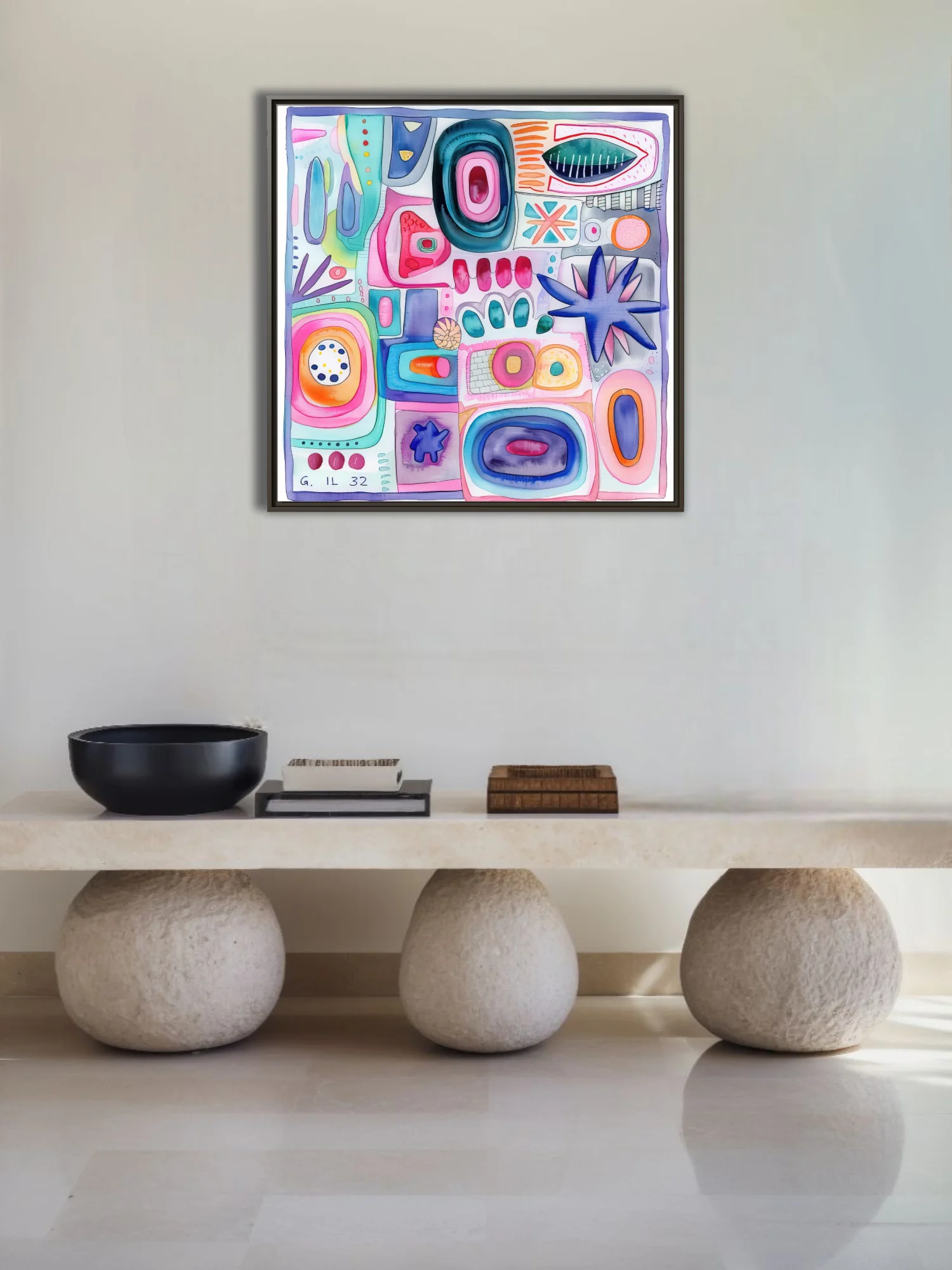 Colorful abstract biomorphic composition in pastel pink, teal, and cobalt watercolor-style