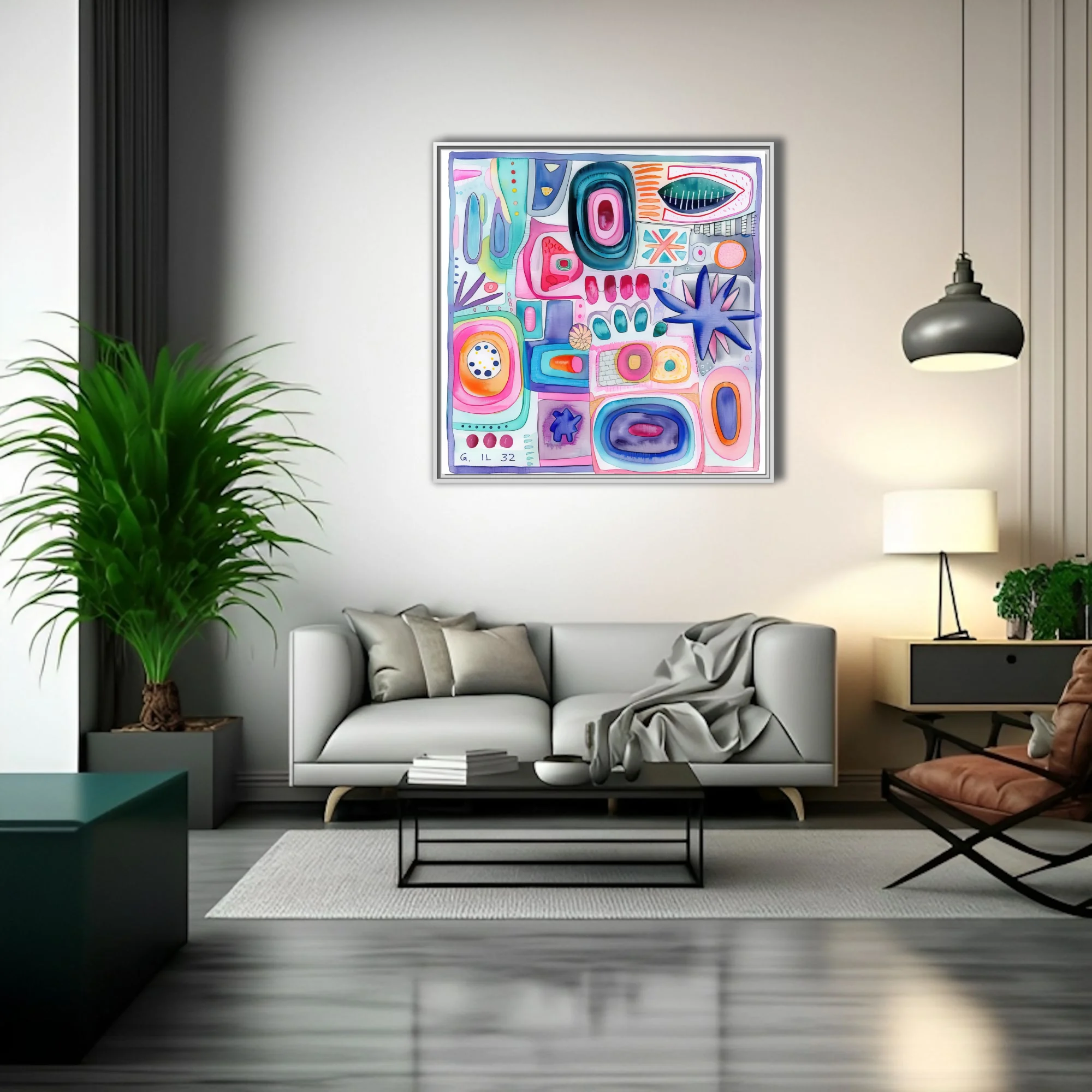 Colorful abstract biomorphic composition in pastel pink, teal, and cobalt watercolor-style