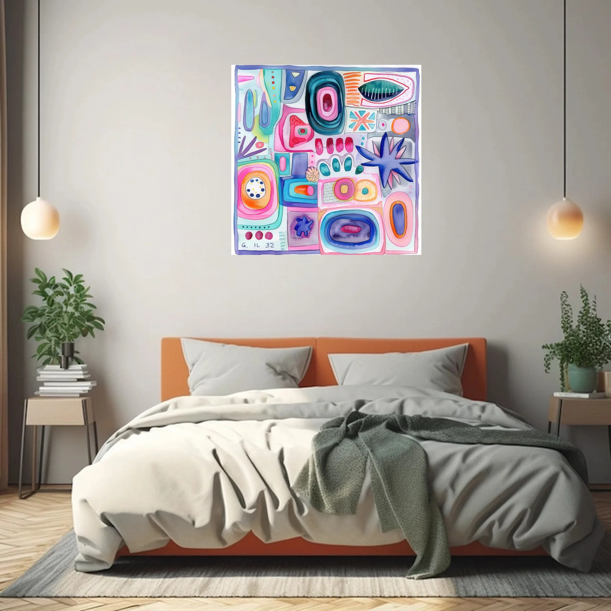 Colorful abstract biomorphic composition in pastel pink, teal, and cobalt watercolor-style
