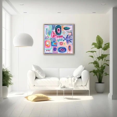 Colorful abstract biomorphic composition in pastel pink, teal, and cobalt watercolor-style