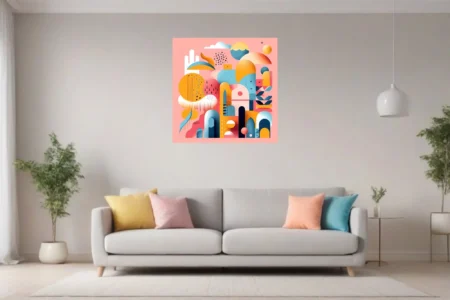 Flat graphic abstract cityscape with arches, organic shapes, coral pink and amber palette