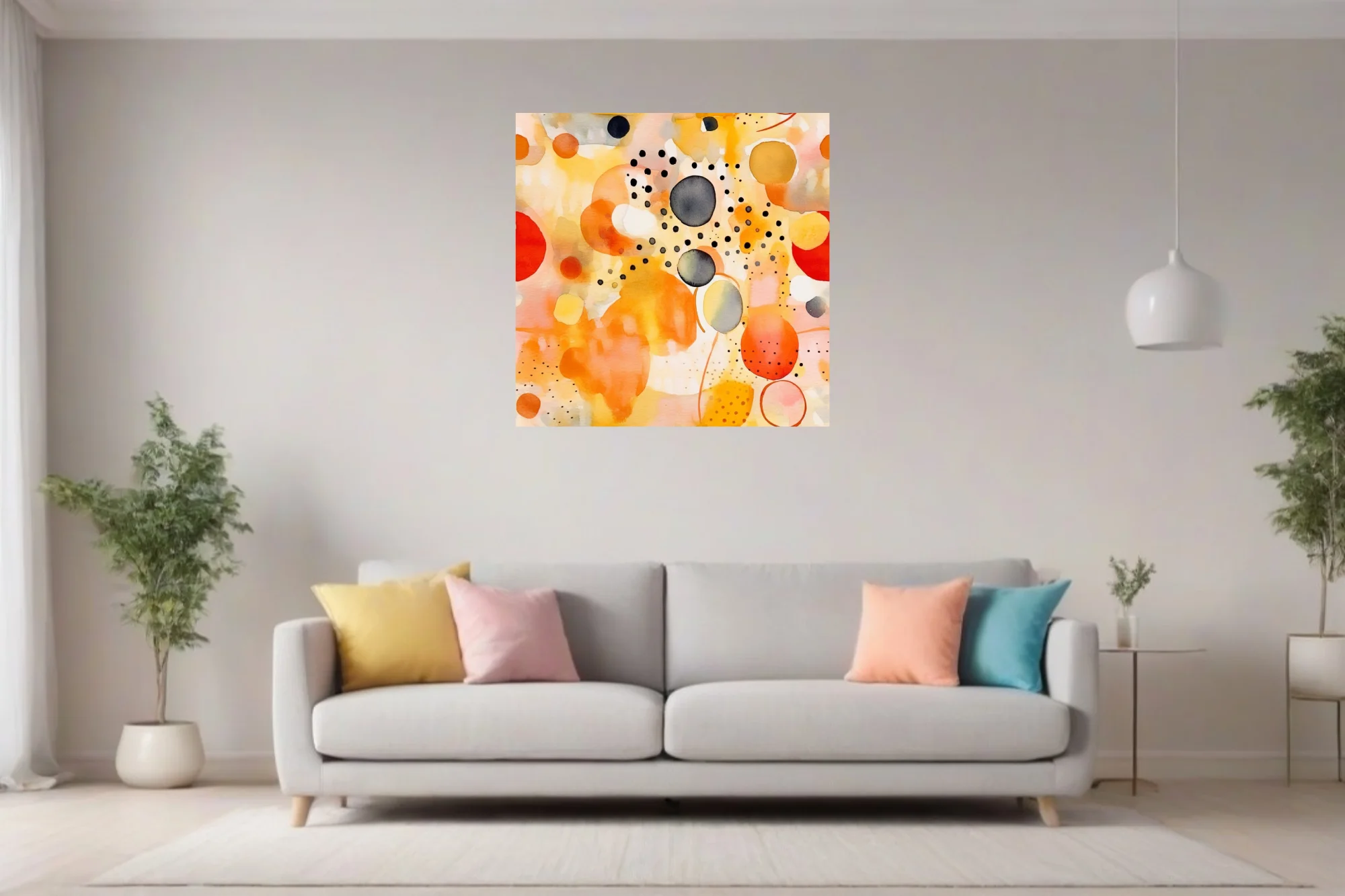 Contemporary abstract watercolor-style composition in amber, orange, coral, and charcoal with circular forms and scattered dots.