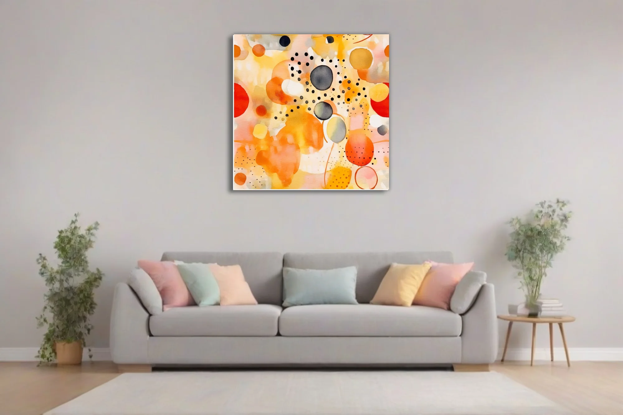 Contemporary abstract watercolor-style composition in amber, orange, coral, and charcoal with circular forms and scattered dots.