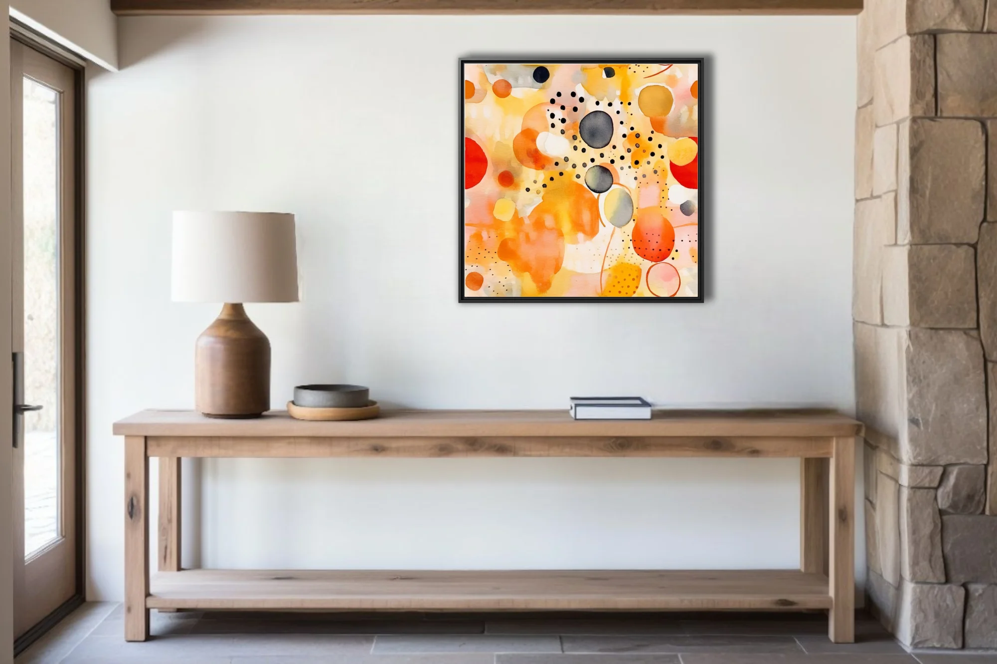 Contemporary abstract watercolor-style composition in amber, orange, coral, and charcoal with circular forms and scattered dots.