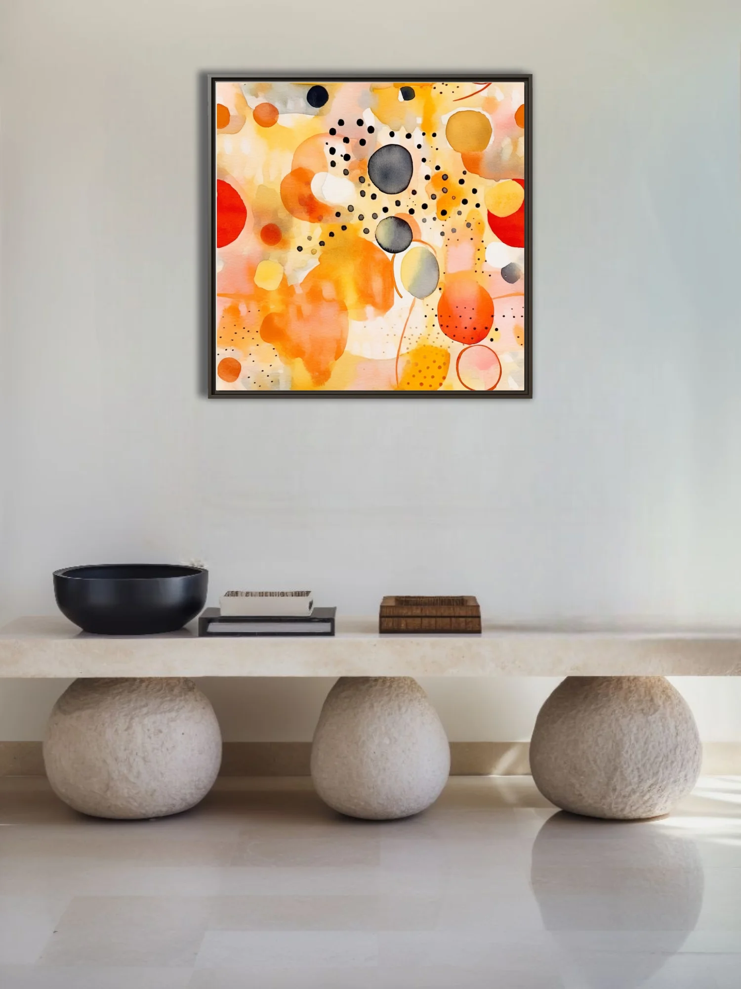 Contemporary abstract watercolor-style composition in amber, orange, coral, and charcoal with circular forms and scattered dots.