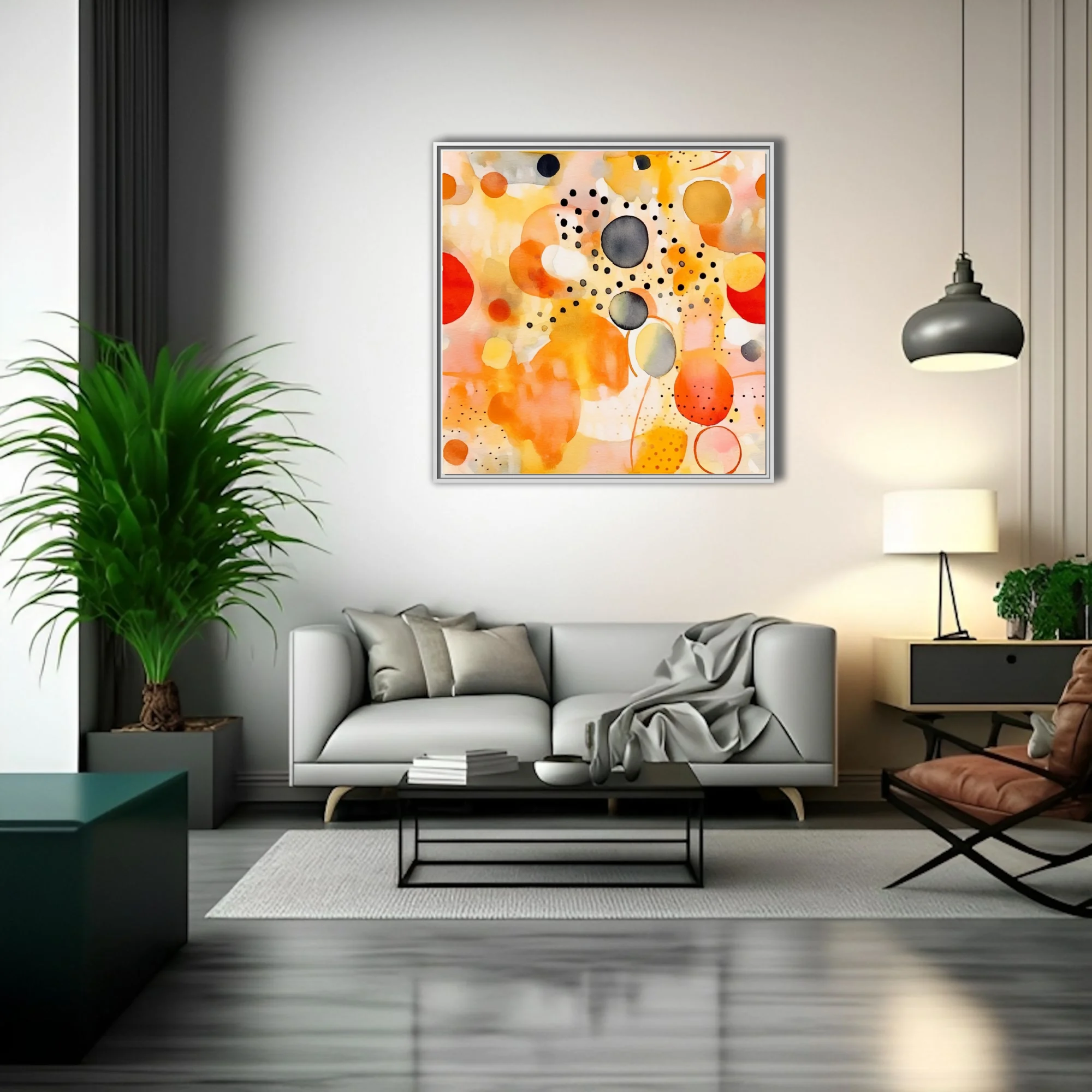 Contemporary abstract watercolor-style composition in amber, orange, coral, and charcoal with circular forms and scattered dots.
