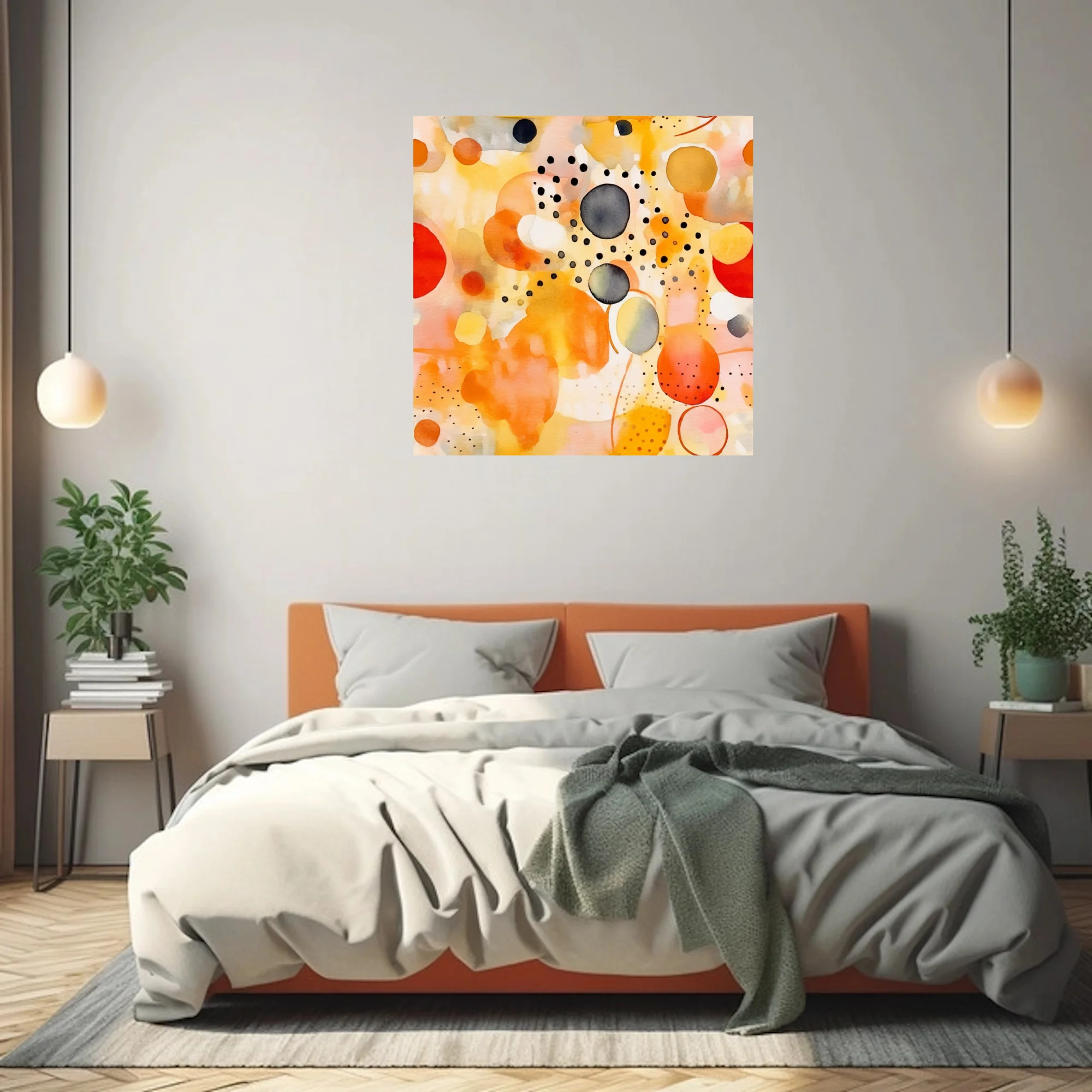 Contemporary abstract watercolor-style composition in amber, orange, coral, and charcoal with circular forms and scattered dots.