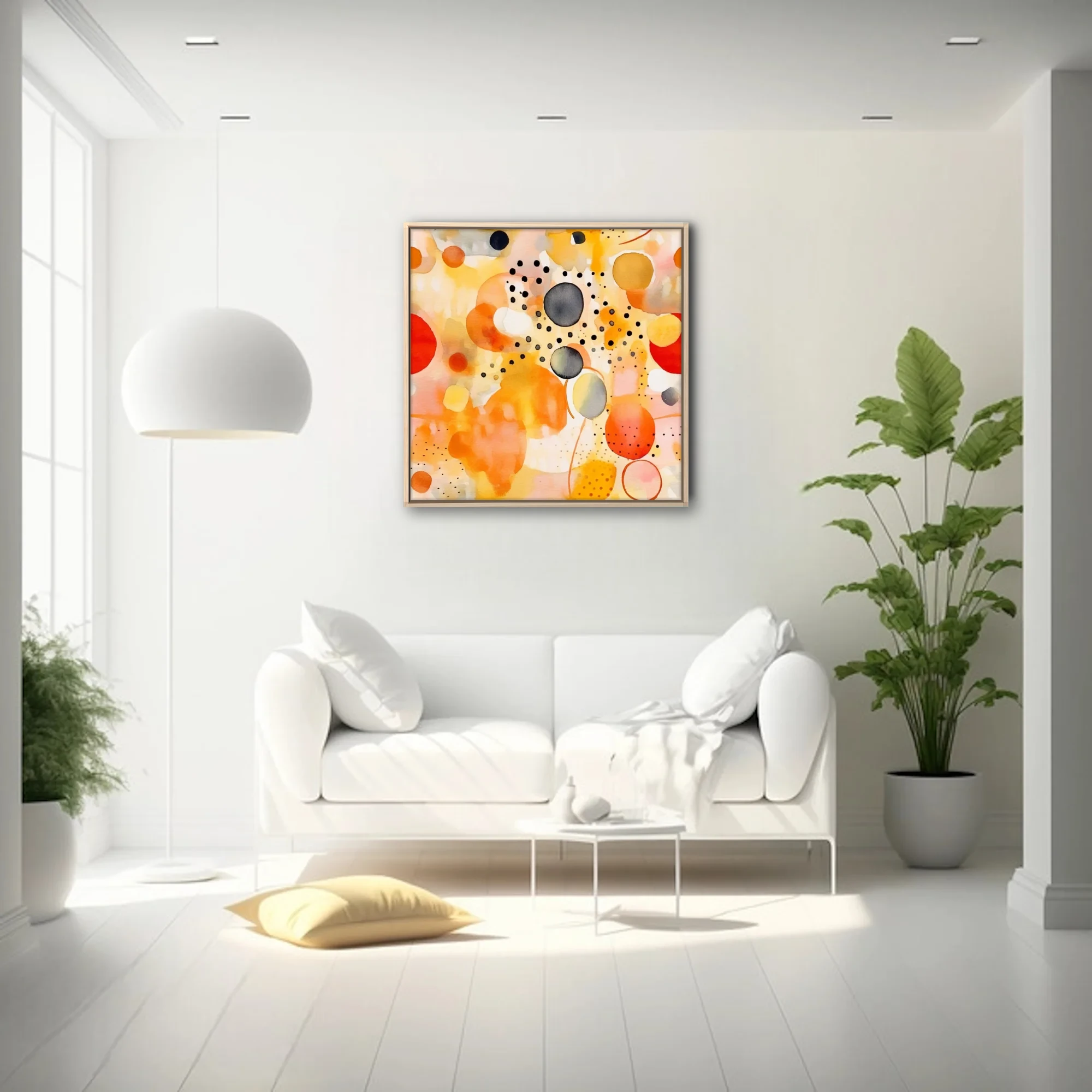 Contemporary abstract watercolor-style composition in amber, orange, coral, and charcoal with circular forms and scattered dots.