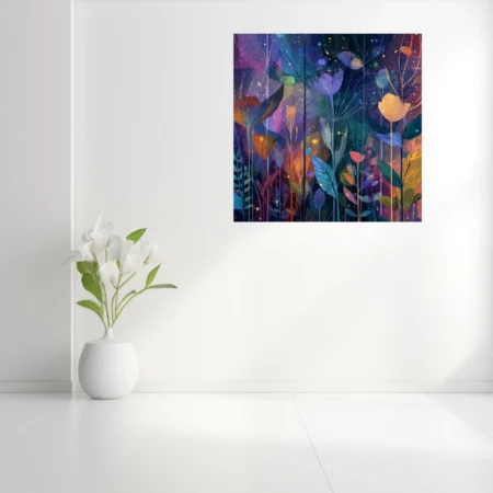 Abstract botanical night scene with glowing florals in deep blue, purple, and amber