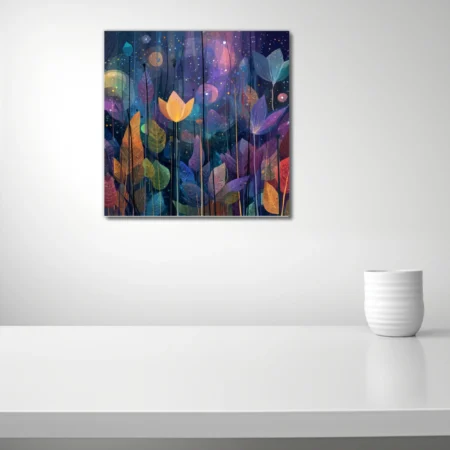 Abstract night-garden botanical art with jewel-toned leaves and glowing floral forms