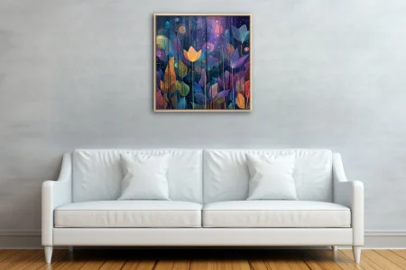 Abstract night-garden botanical art with jewel-toned leaves and glowing floral forms