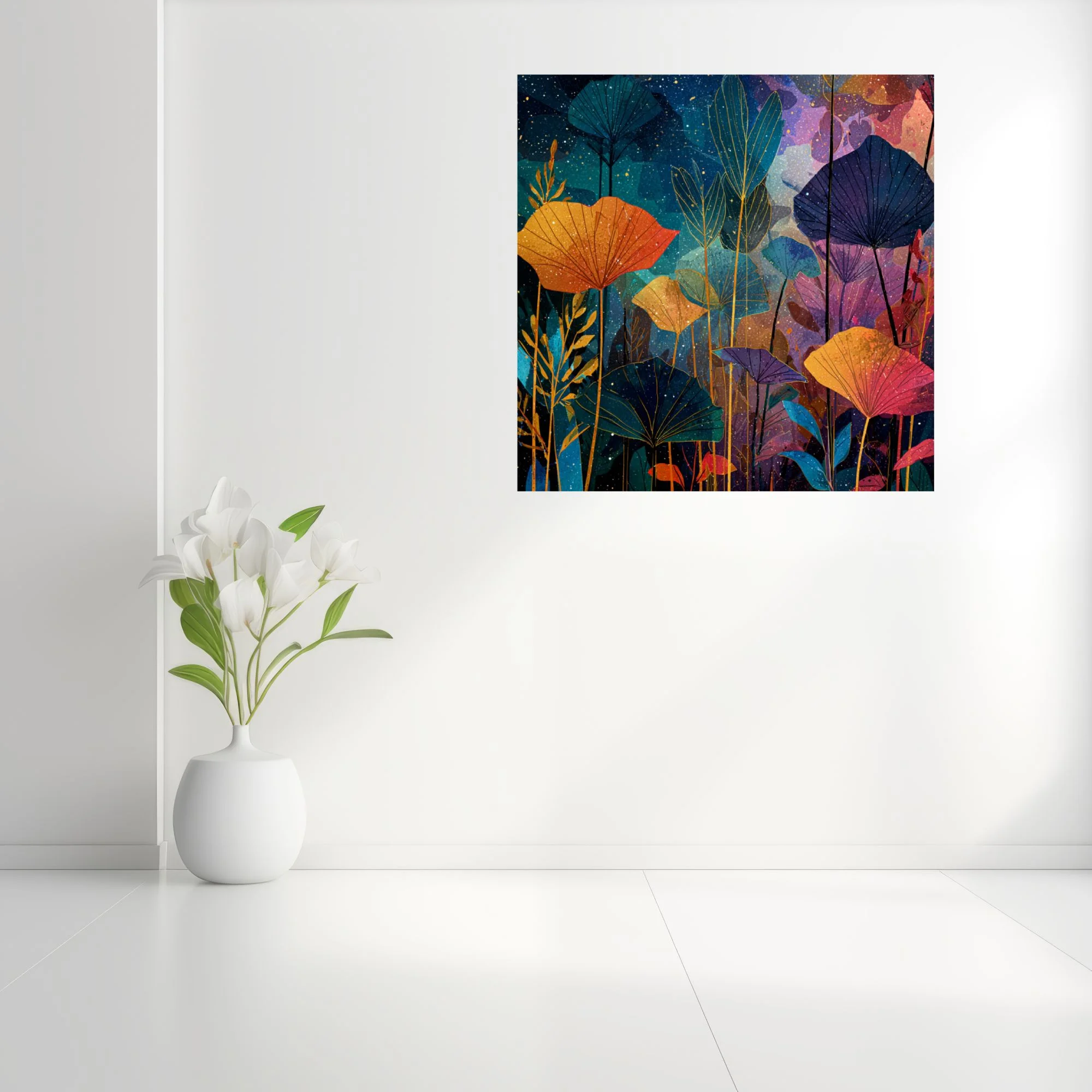 Abstract botanical art with jewel-toned fan leaves and nocturnal starfield backdrop