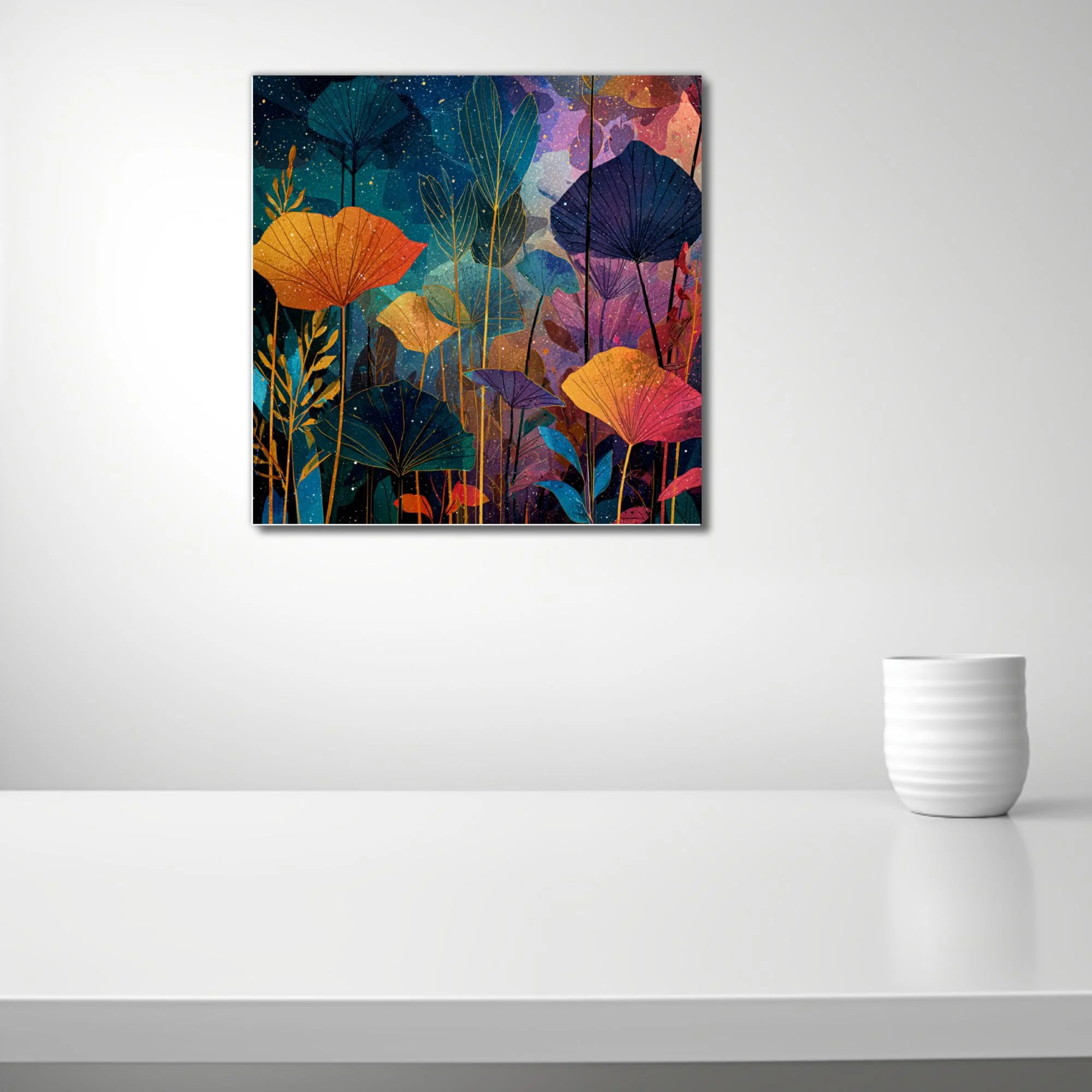 Abstract botanical art with jewel-toned fan leaves and nocturnal starfield backdrop