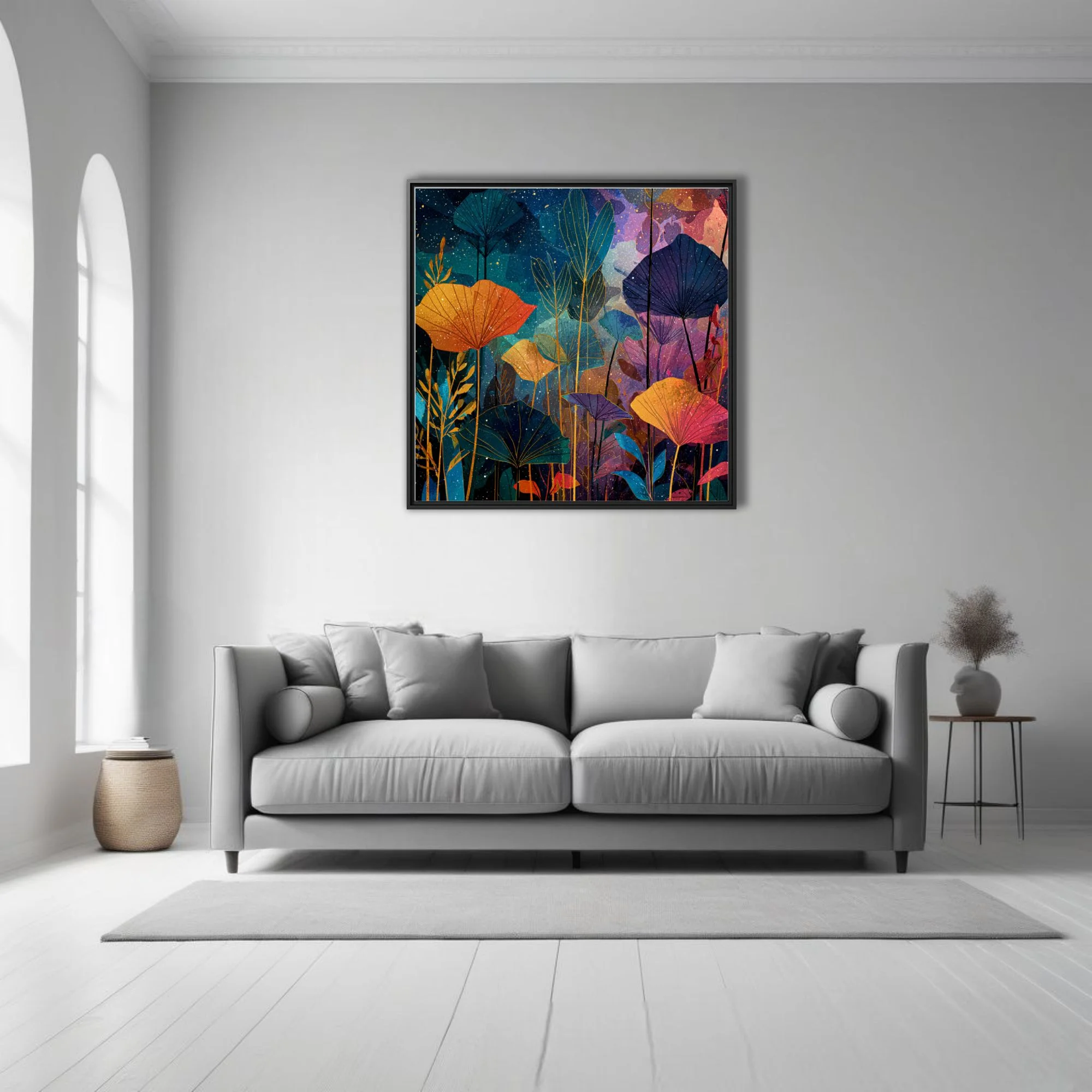 Abstract botanical art with jewel-toned fan leaves and nocturnal starfield backdrop