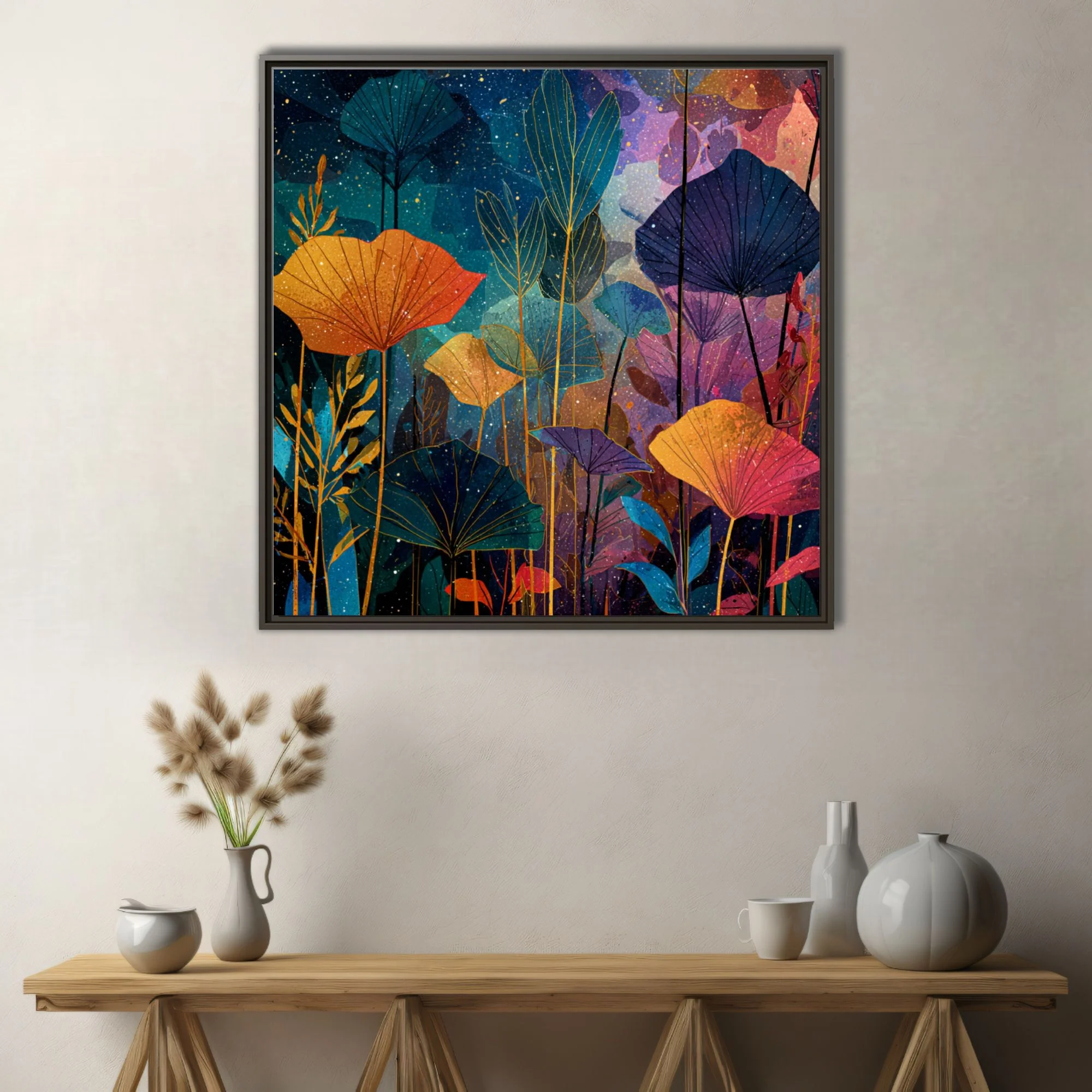 Abstract botanical art with jewel-toned fan leaves and nocturnal starfield backdrop
