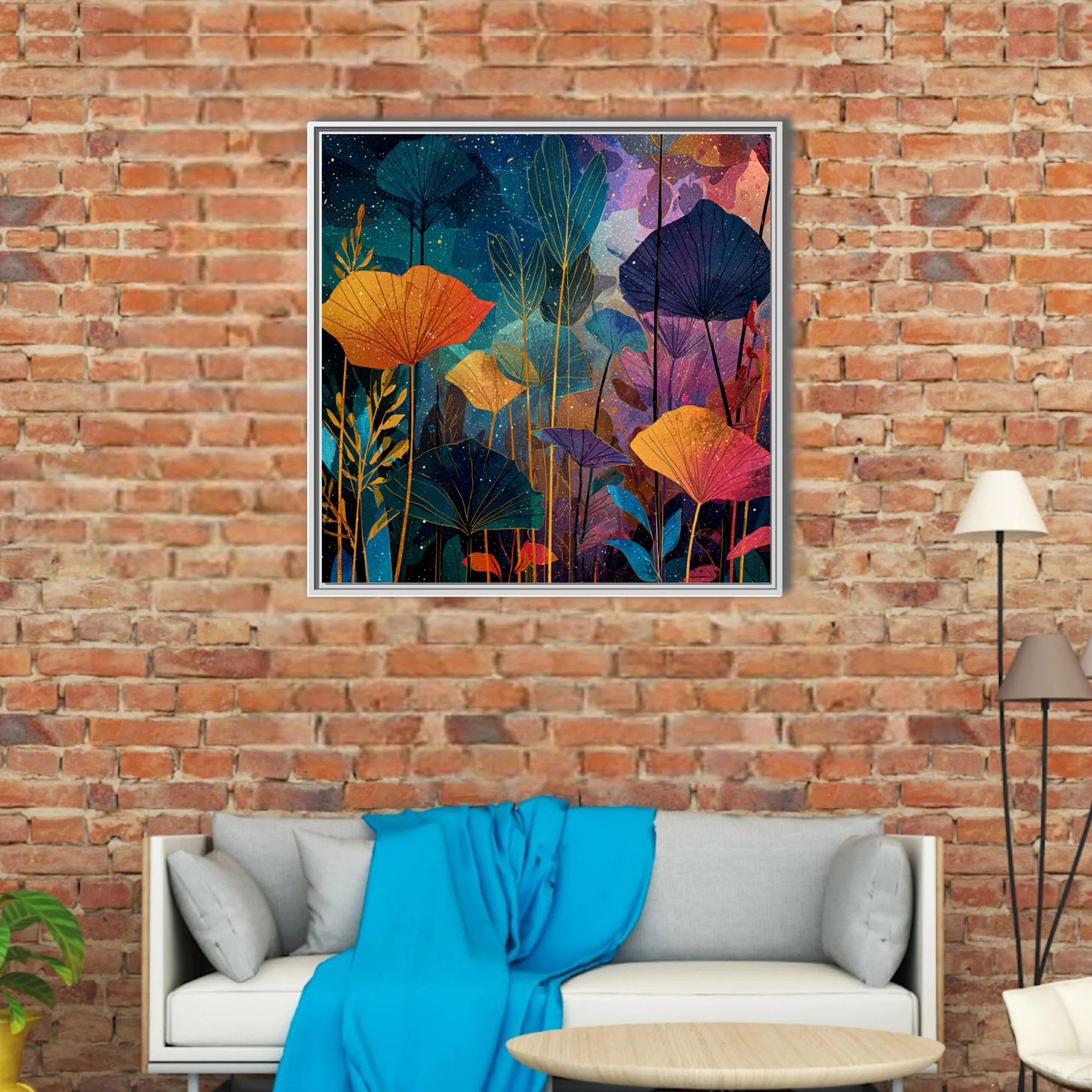 Abstract botanical art with jewel-toned fan leaves and nocturnal starfield backdrop