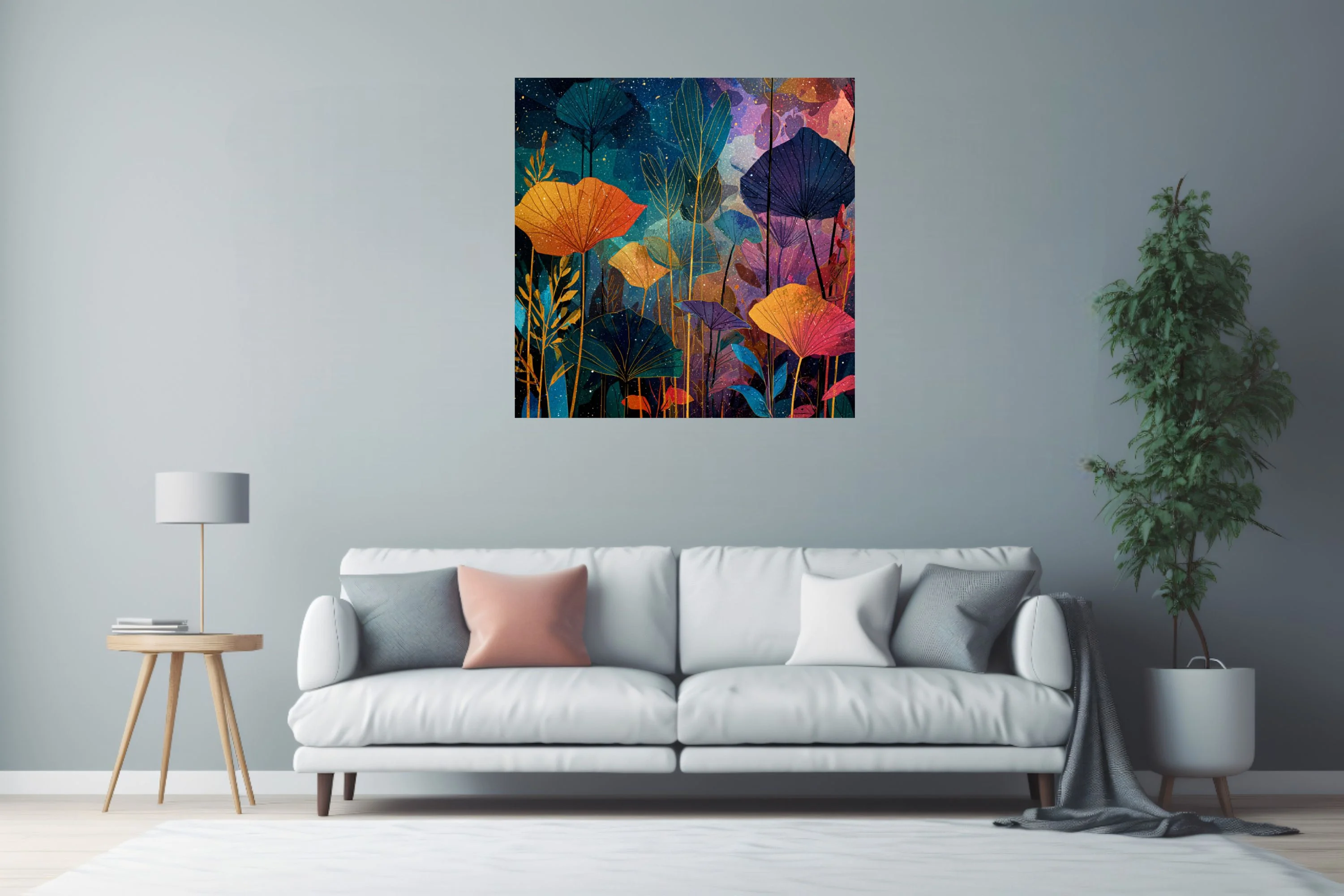 Abstract botanical art with jewel-toned fan leaves and nocturnal starfield backdrop