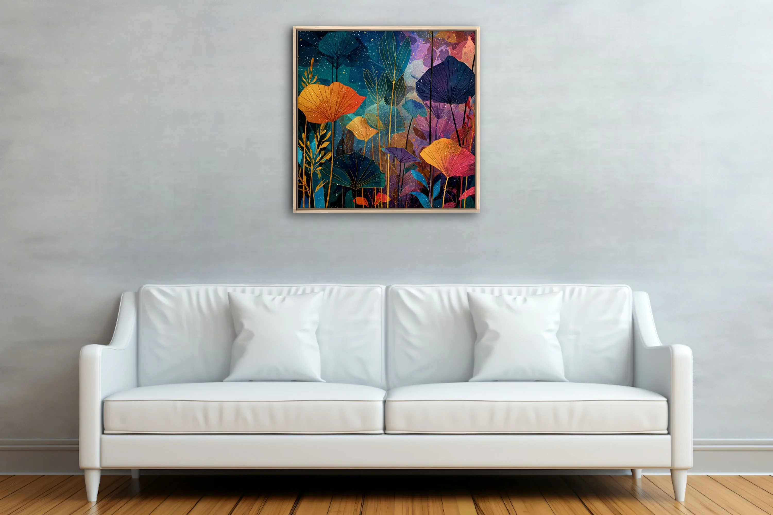 Abstract botanical art with jewel-toned fan leaves and nocturnal starfield backdrop