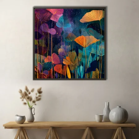 Cosmic abstract botanical art with jewel-toned fan leaves on a starry night background