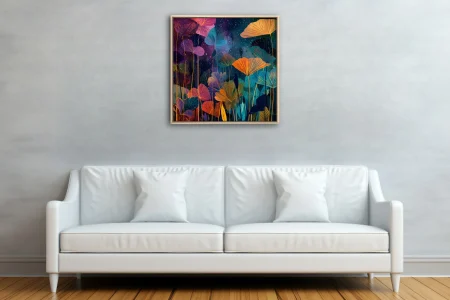Cosmic abstract botanical art with jewel-toned fan leaves on a starry night background