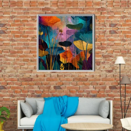 Abstract botanical art with jewel-toned lotus leaves and cosmic splatter background