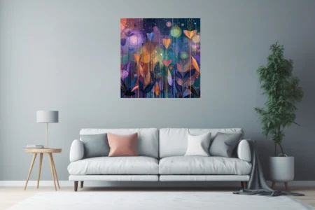 Abstract floral illustration with jewel-tone botanical forms and starlit nocturnal backdrop