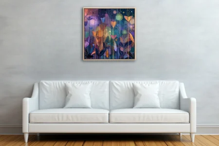Abstract floral illustration with jewel-tone botanical forms and starlit nocturnal backdrop