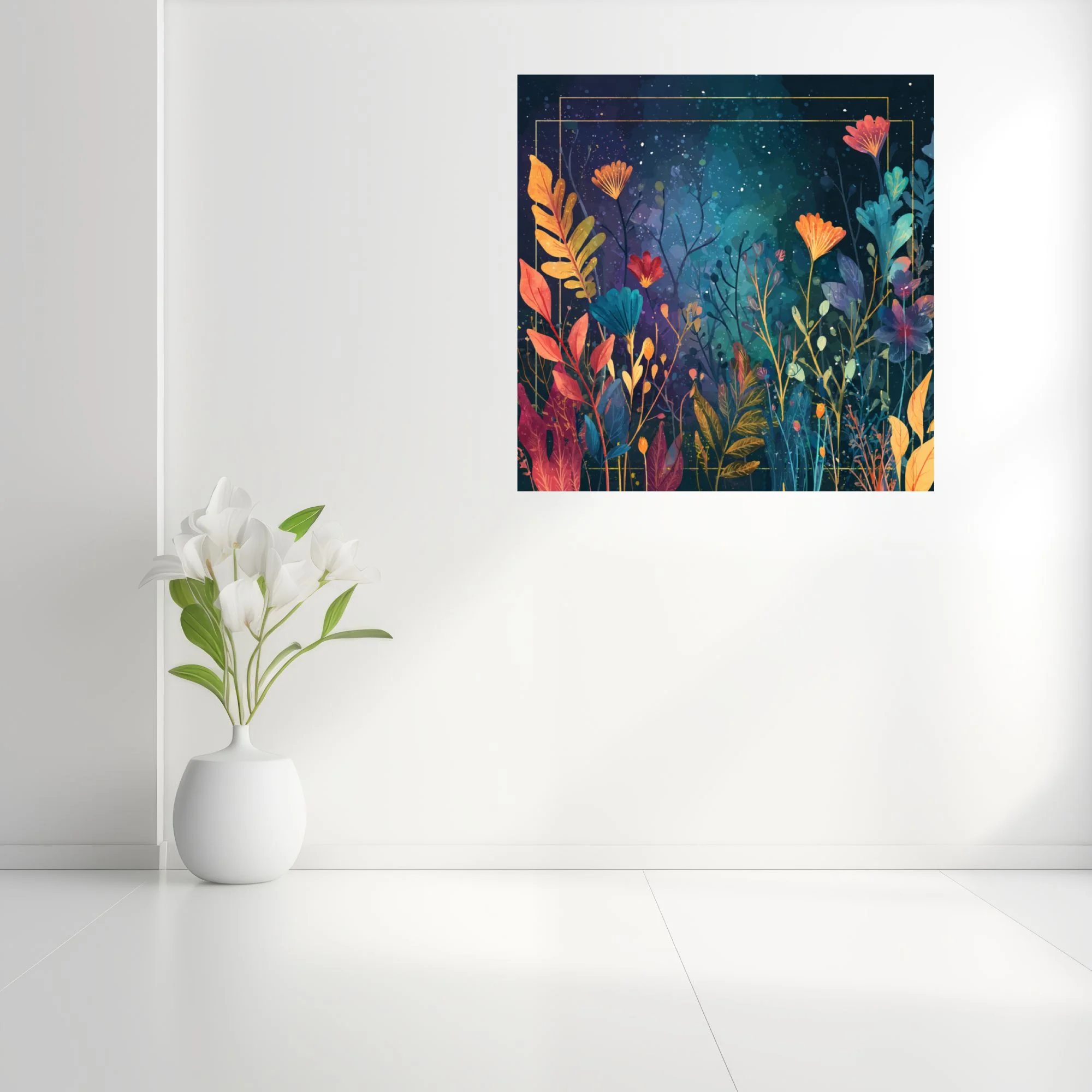 Abstract botanical night garden, jewel-tone flowers and leaves on deep cosmic background