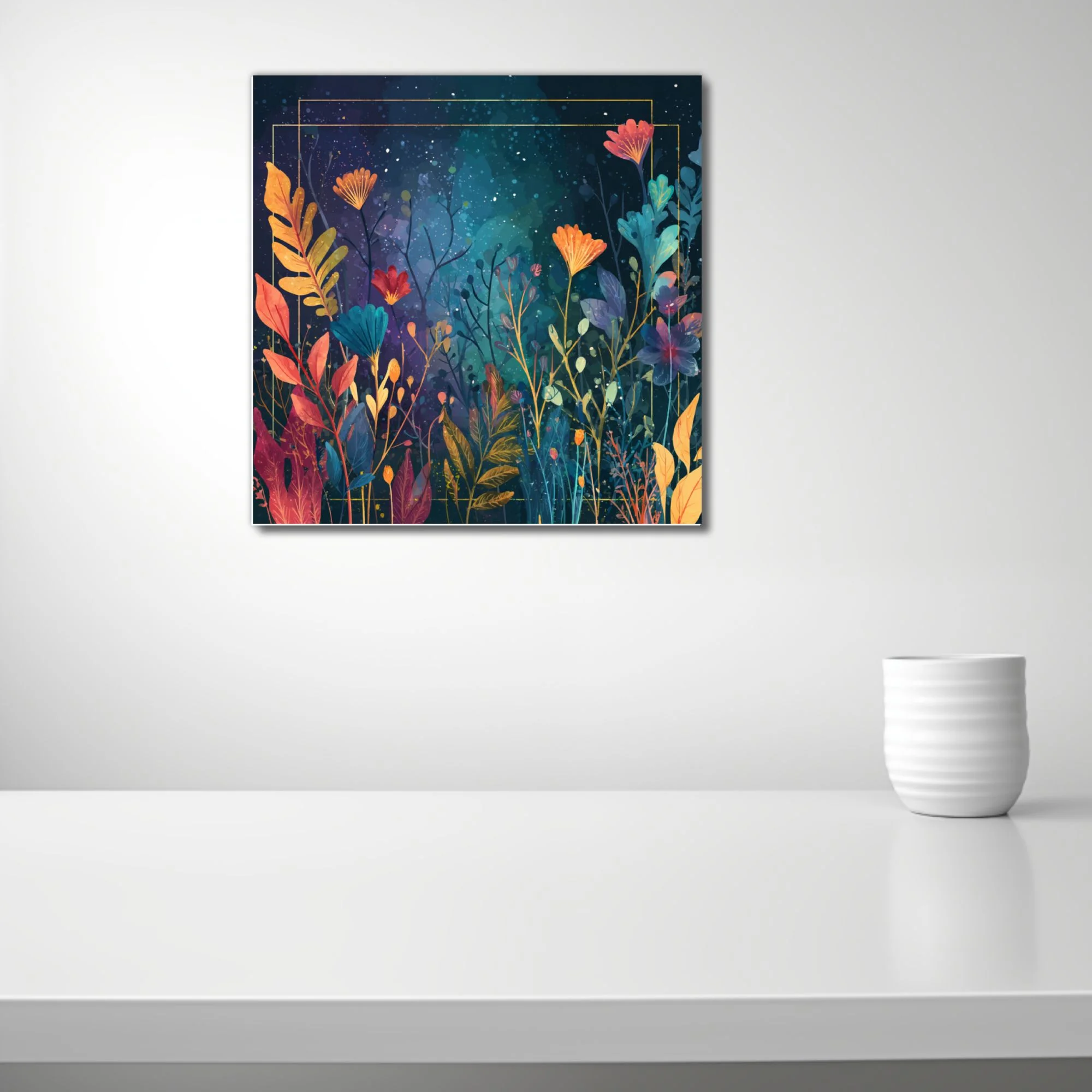 Abstract botanical night garden, jewel-tone flowers and leaves on deep cosmic background