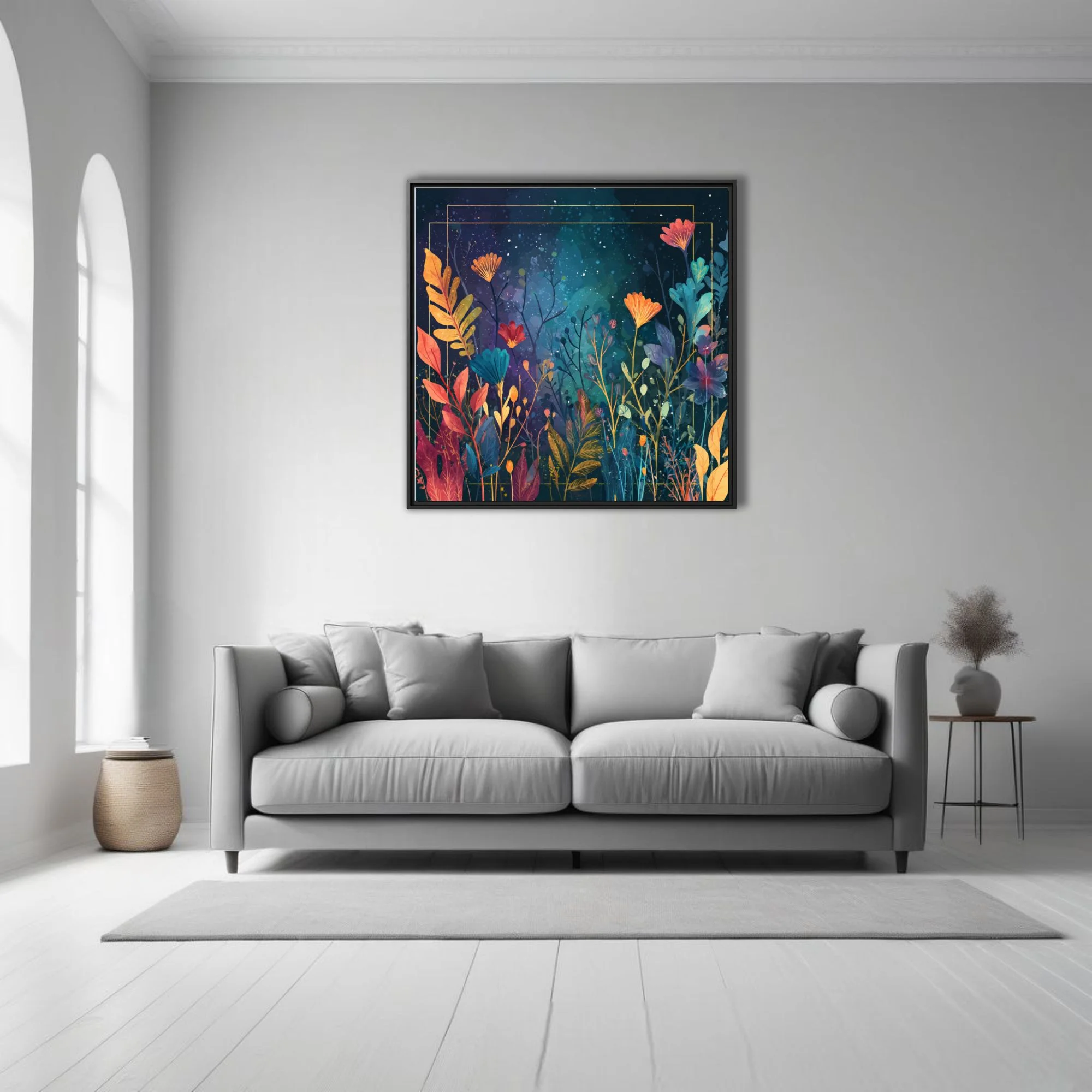 Abstract botanical night garden, jewel-tone flowers and leaves on deep cosmic background