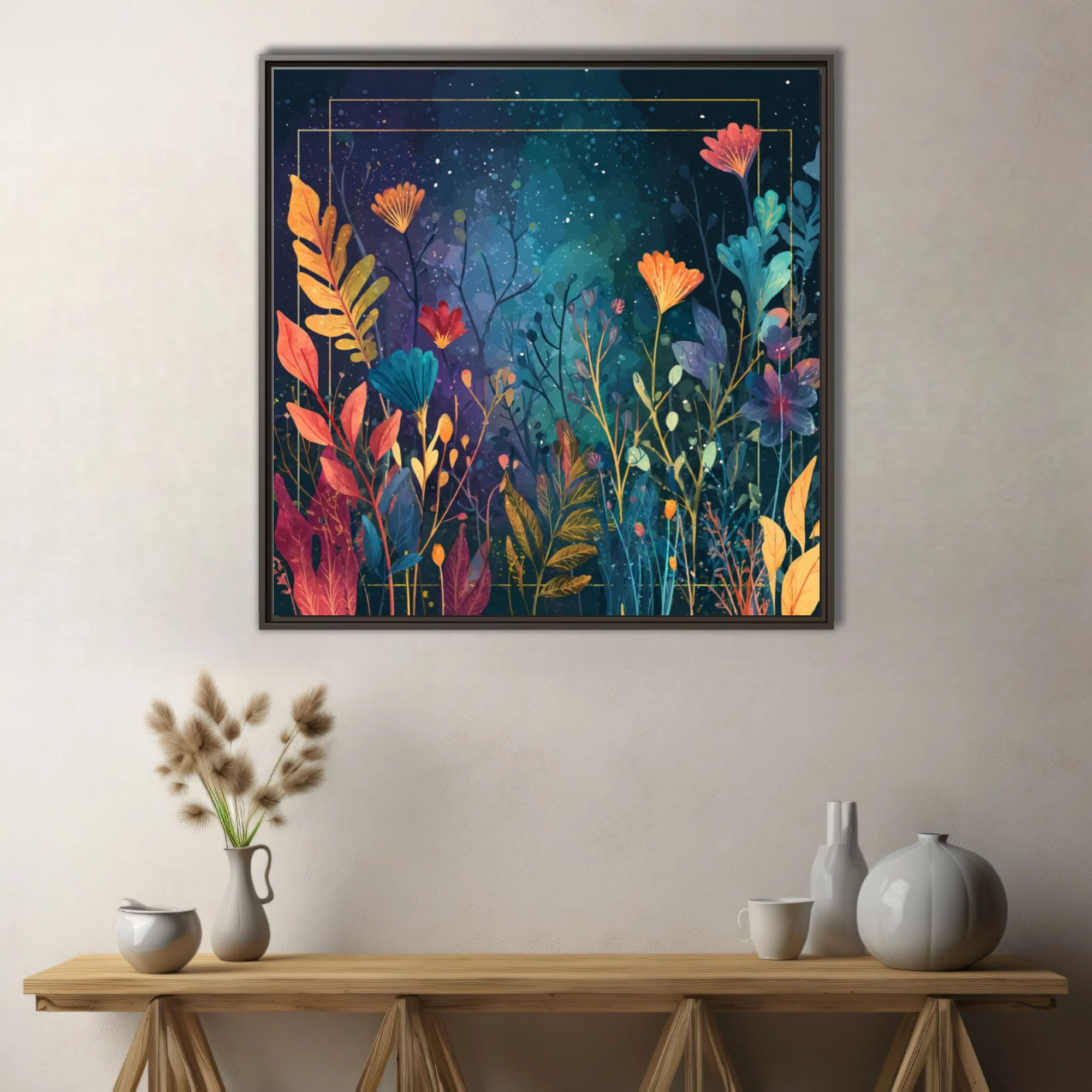 Abstract botanical night garden, jewel-tone flowers and leaves on deep cosmic background
