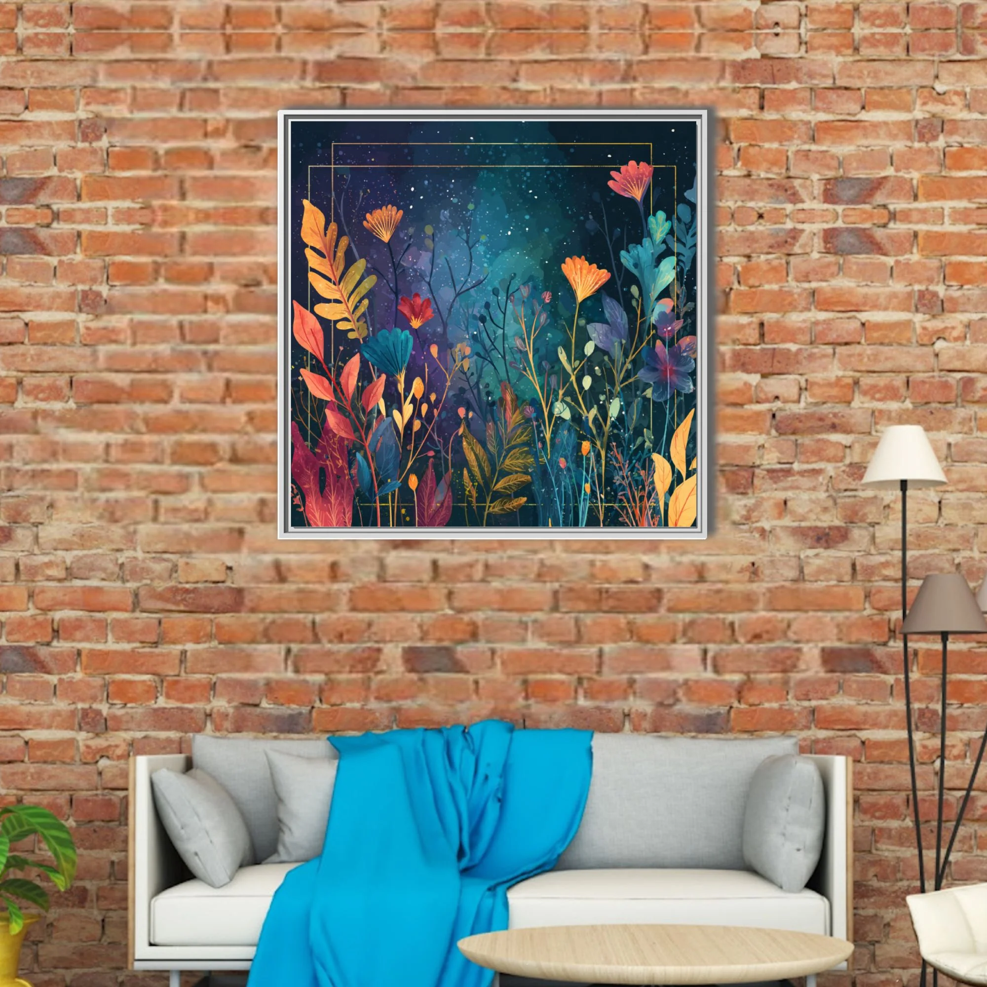 Abstract botanical night garden, jewel-tone flowers and leaves on deep cosmic background
