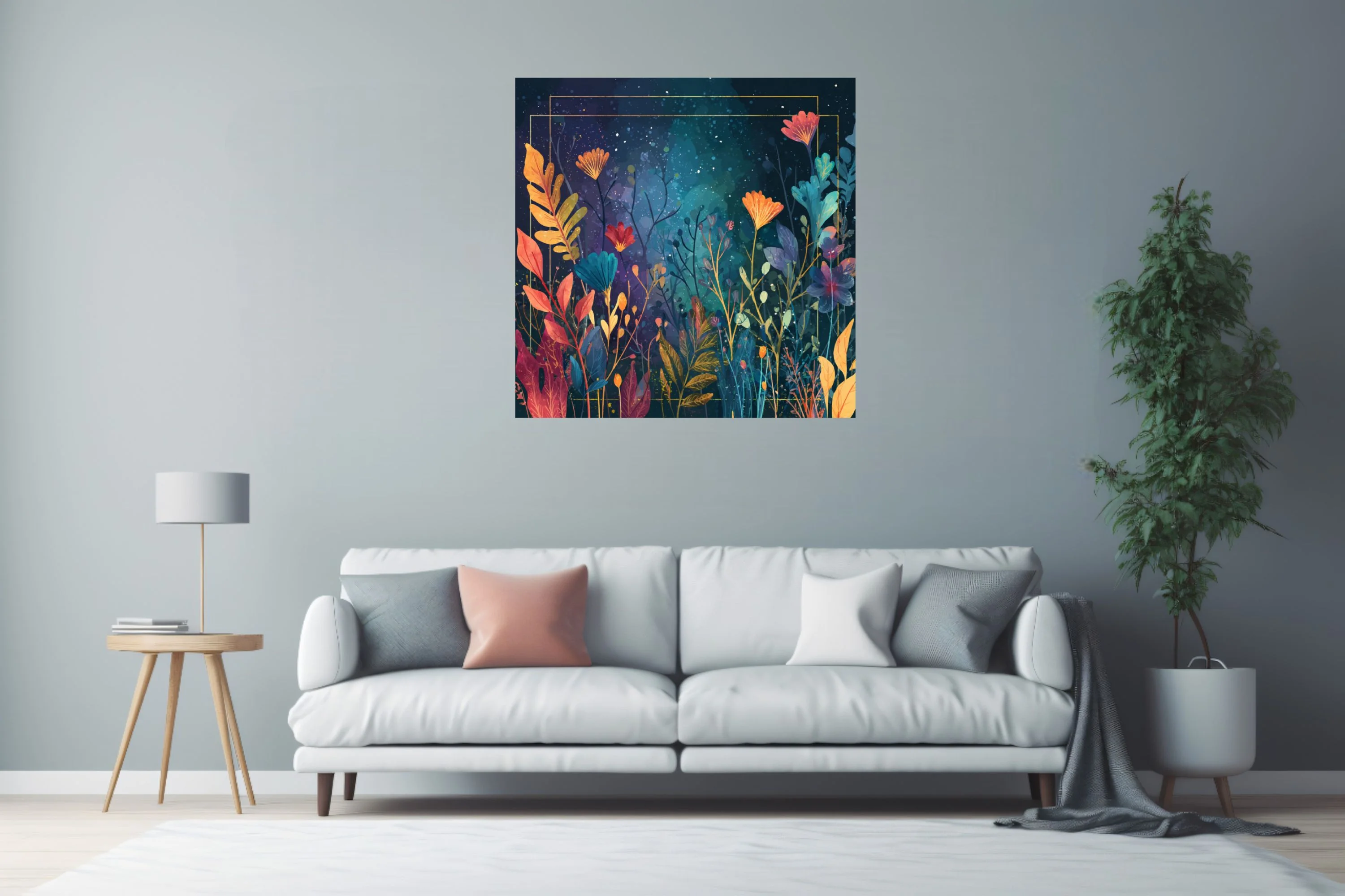 Abstract botanical night garden, jewel-tone flowers and leaves on deep cosmic background