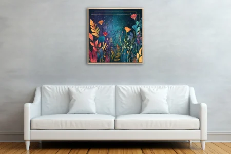 Abstract botanical night garden, jewel-tone flowers and leaves on deep cosmic background