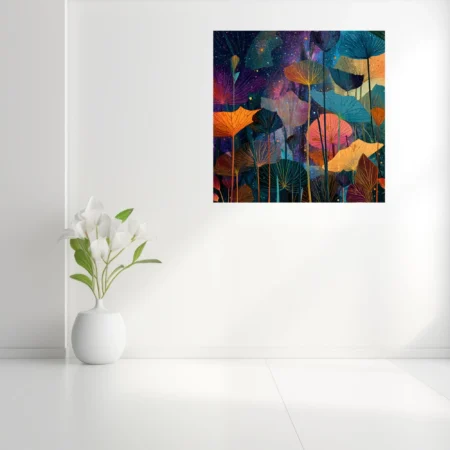 Abstract botanical art with jewel-toned fan leaves on a starry night background