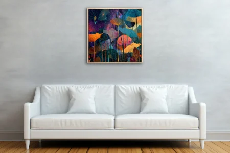 Abstract botanical art with jewel-toned fan leaves on a starry night background